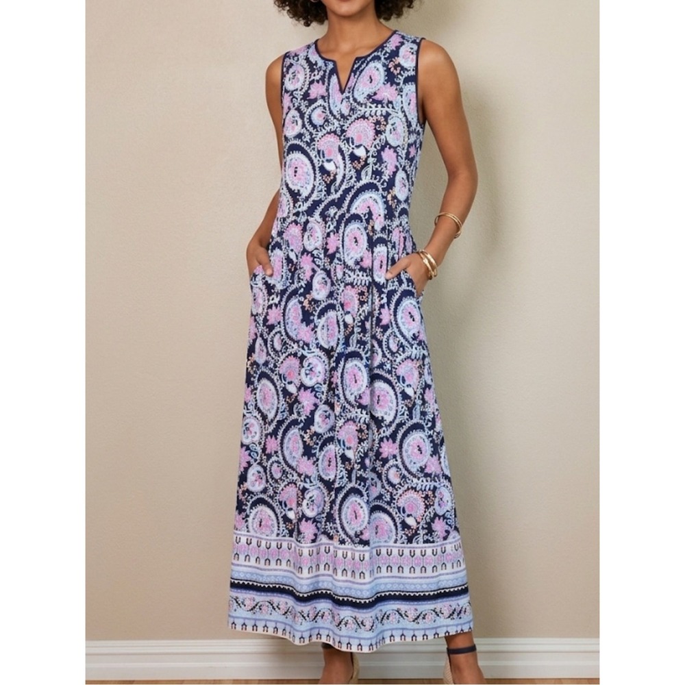 TALBOTS Size 10 Petite Navy Floral‎ Sleeveless Vneck Maxi Dress Resort Spring